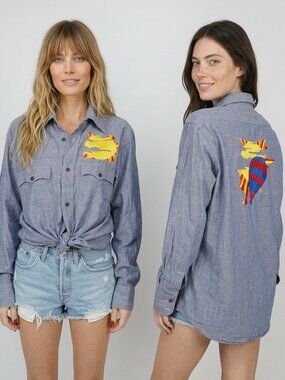 70s Embroidered Chambray Shirt SunSet Hot Air Balloon Sunrise Embroidery Unisex